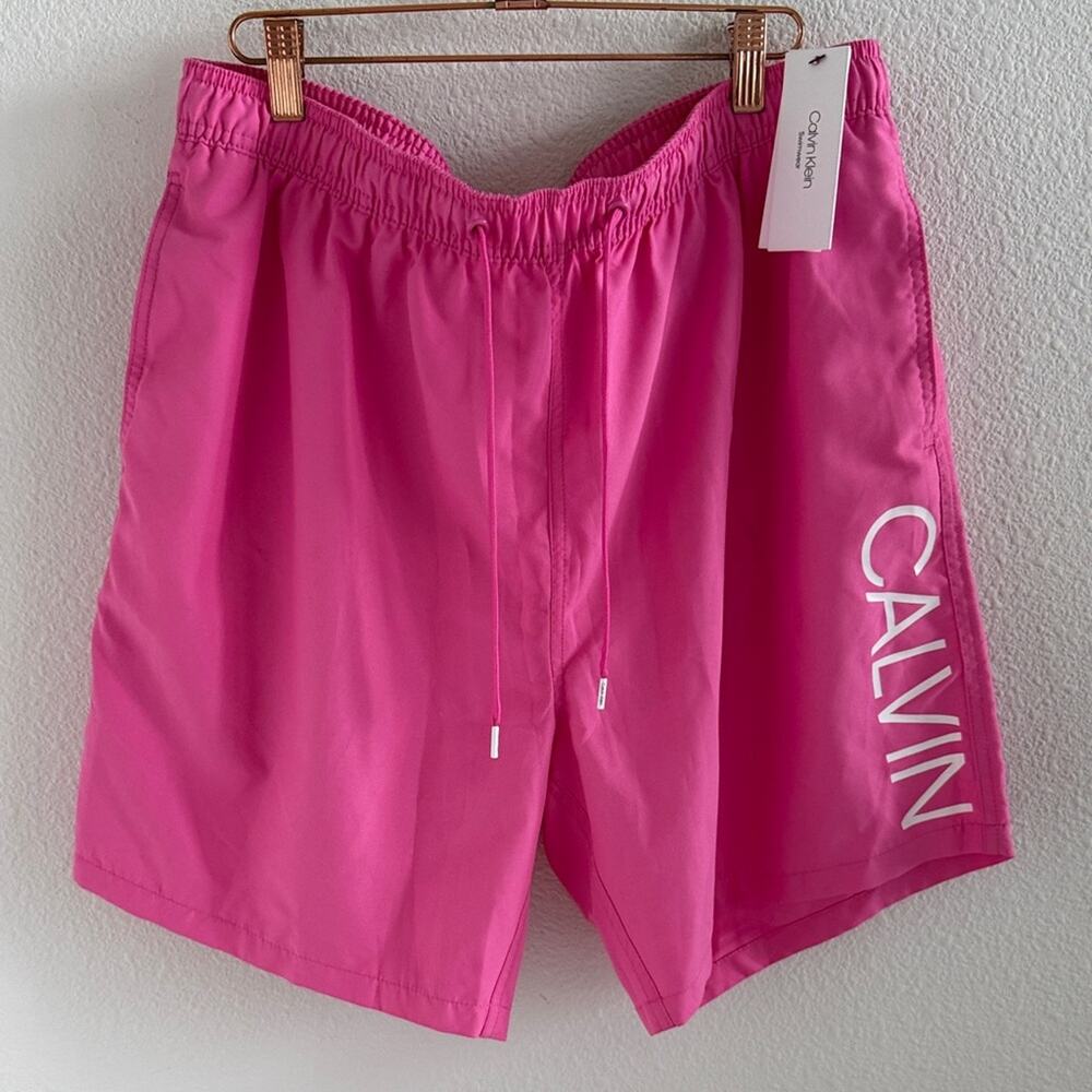 NWT Calvin Klein Men's Bright Pink Spell Out Swim Trunks Shorts UV Protection XL
